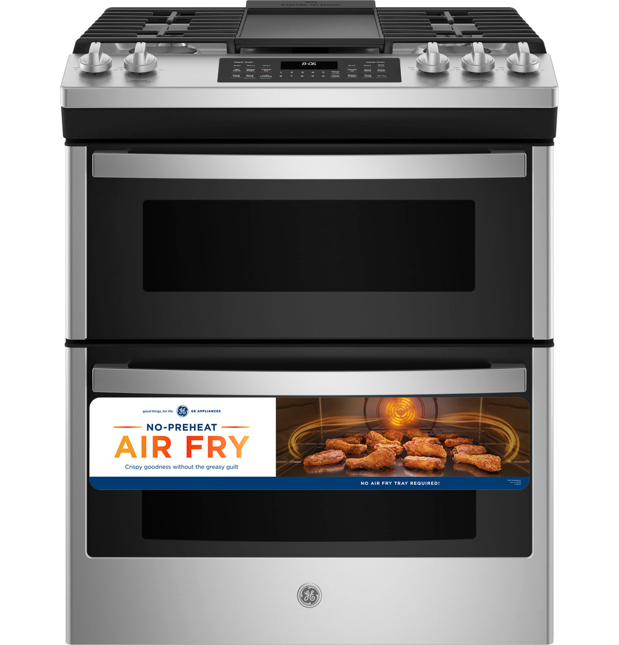 GE JGSS86SPSS - 30 in. 6.7 cu. ft. Air Fry True European Convection Double Oven Slide-In Gas Range with 5 Sealed Burners & Griddle - Stainless Steel
