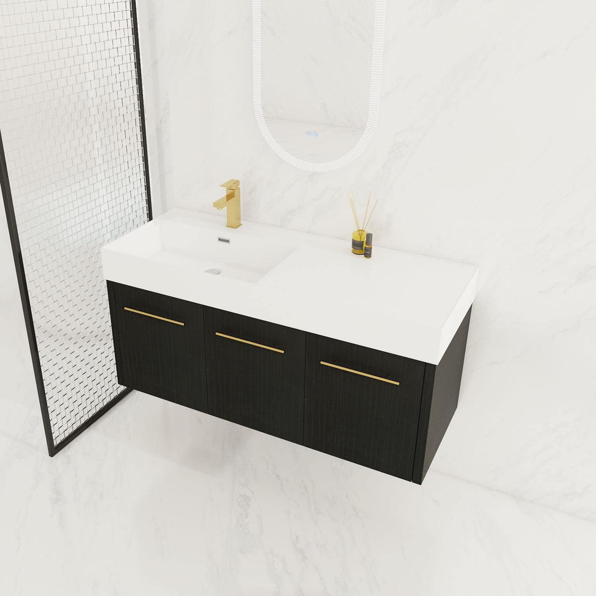 Contemporary 48" Wall Mounted Bathroom Vanity With Resin Sink And Soft Closing Doors And Line - Black Chestnut