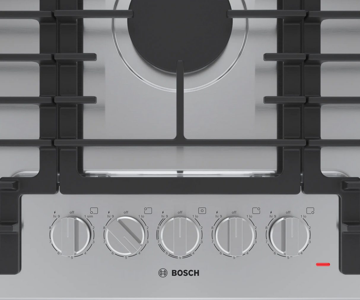 Bosch NGM5659UC gas cooktop knobs and bezel detail