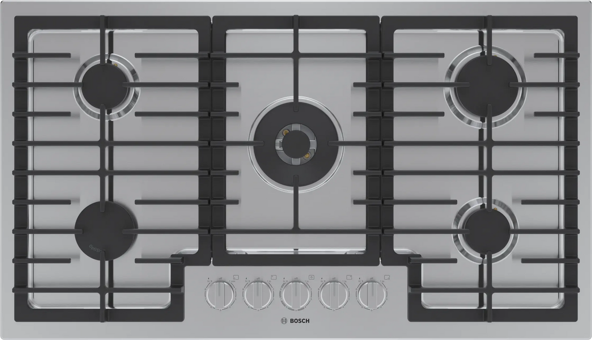 Bosch NGM8659UC 800 Series 36 inch stainless steel gas cooktop top view