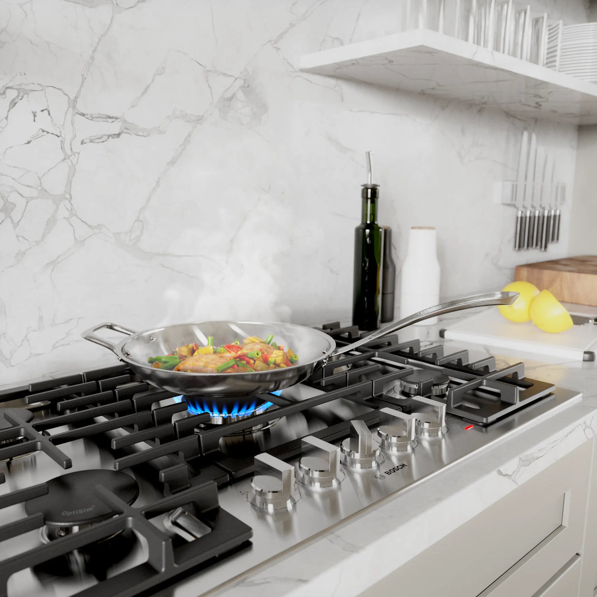 Bosch NGM5659UC gas cooktop cooking fish and vegetables