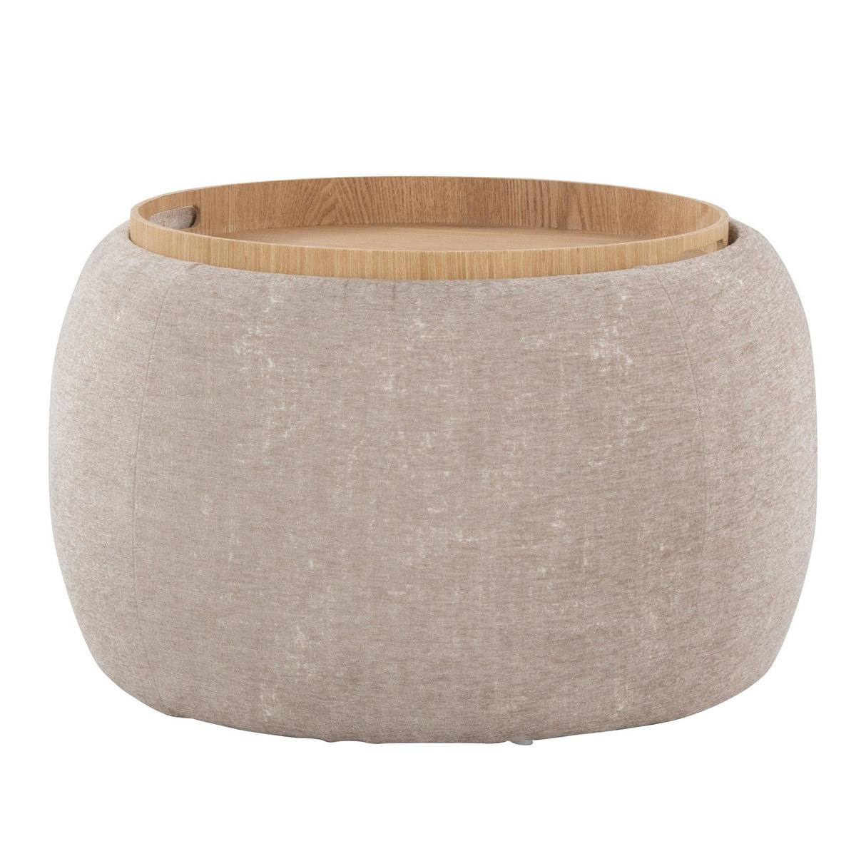 Tray - Pouf Ottoman - Natural Wood And Light Brown Fabric
