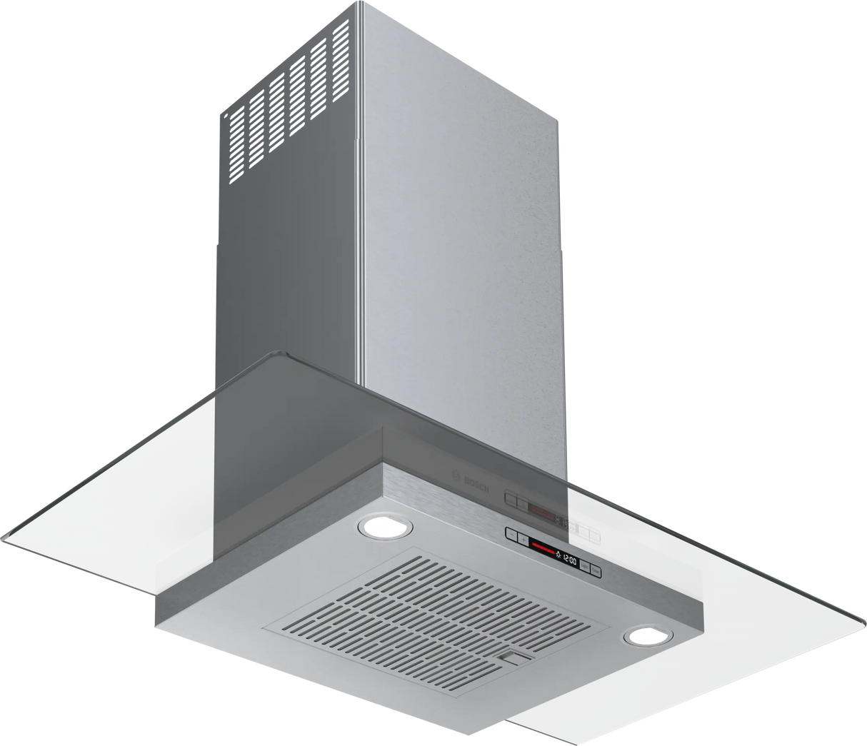 Bosch HCG56651UC wall hood angled up view