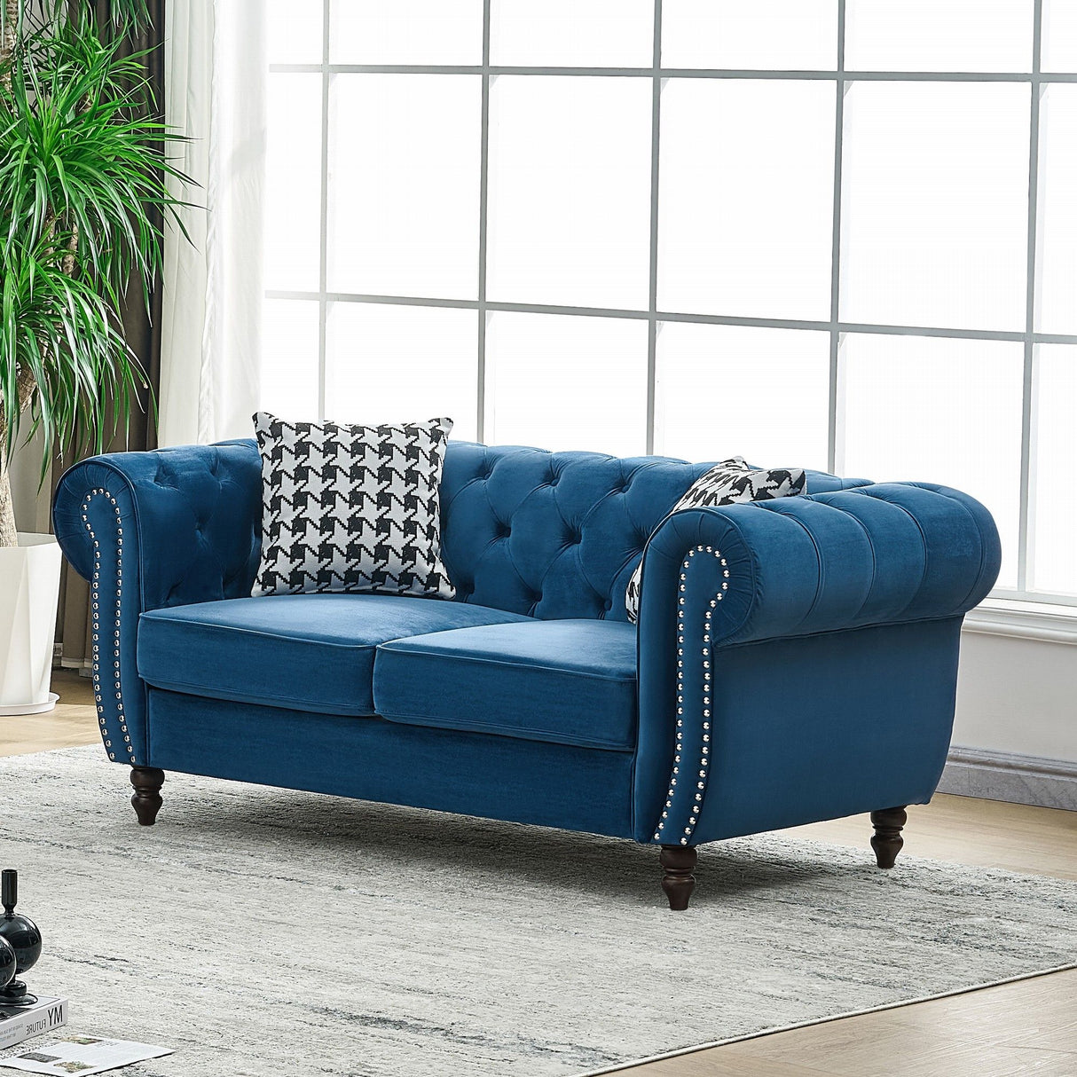 Chesterfield Velvet Fabric Sofa With Roll Armrest And Nailhead, Mid Century 2 Seater Couch In Blue