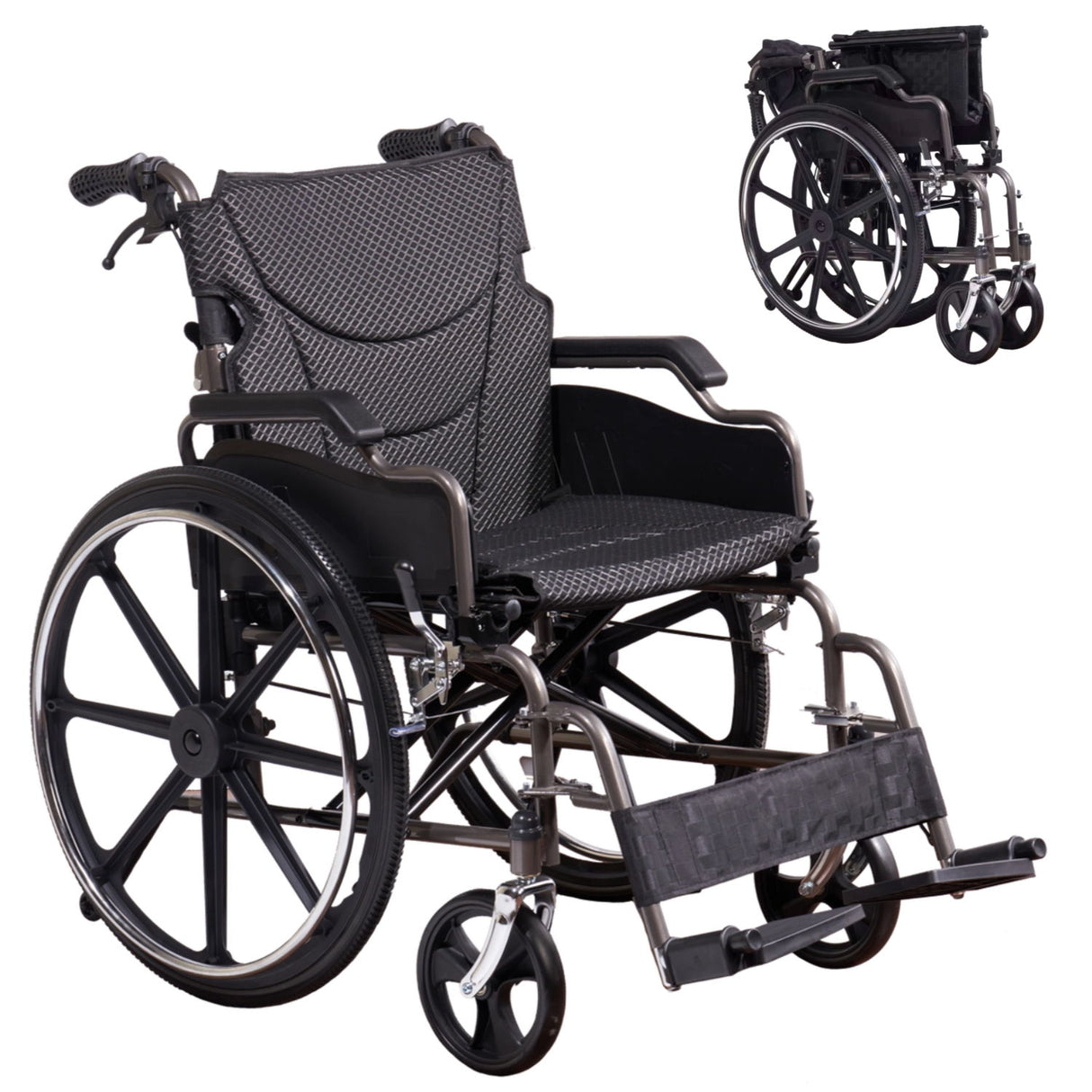 Lightweight Wheelchair Foldable For Adults, Manual Transport Chair With Double Brakes
