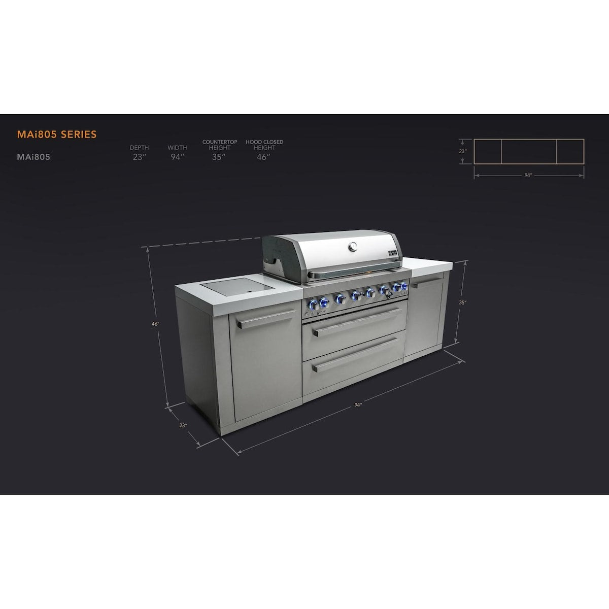 Mont Alpi Original Series 8 Ft Propane Outdoor Kitchen Island w/ Side Burner- MAi805