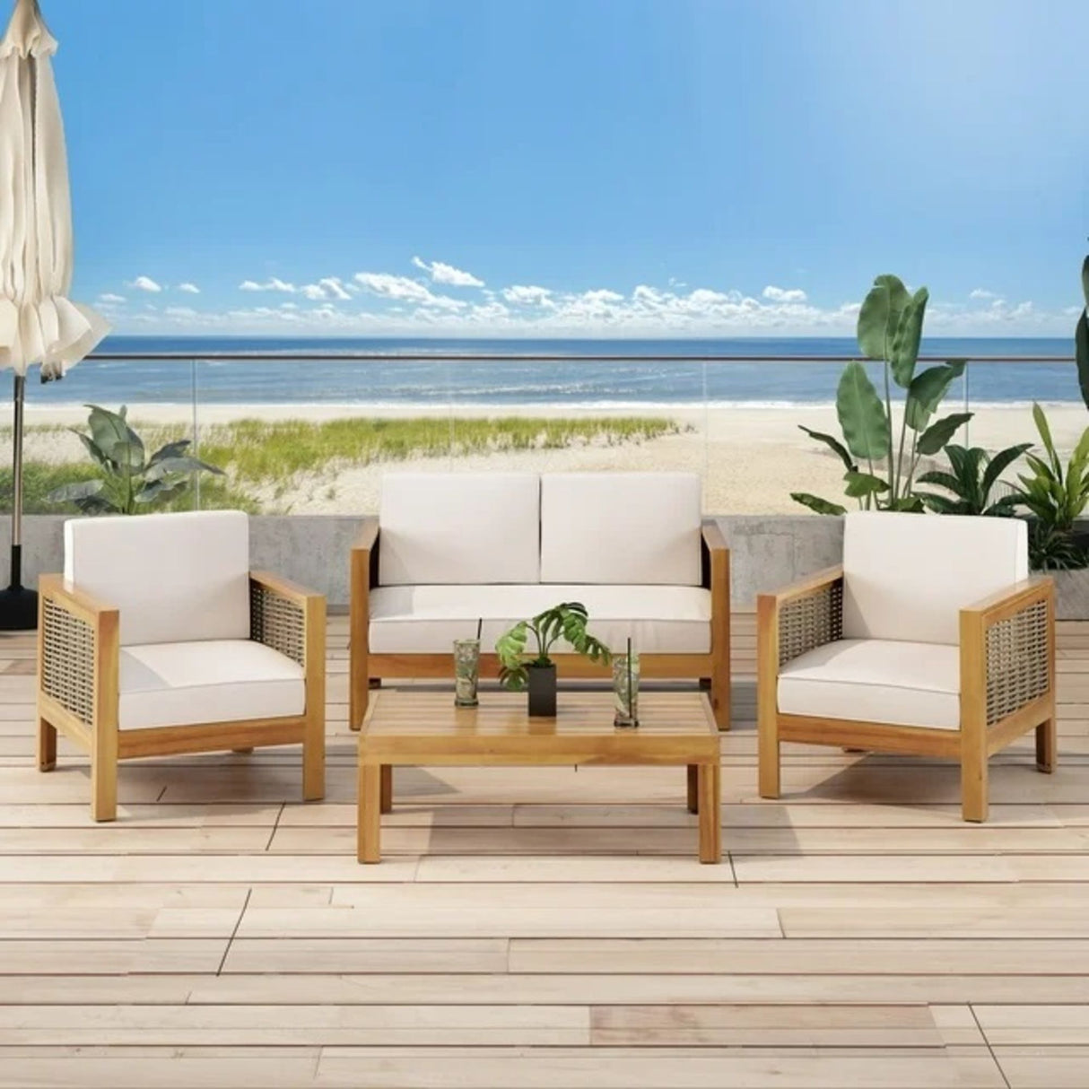 Outdoor 4 Seater Acacia Wood Chat Set With Wicker Accents And Cushions - Teak / Mixed Brown / Beige