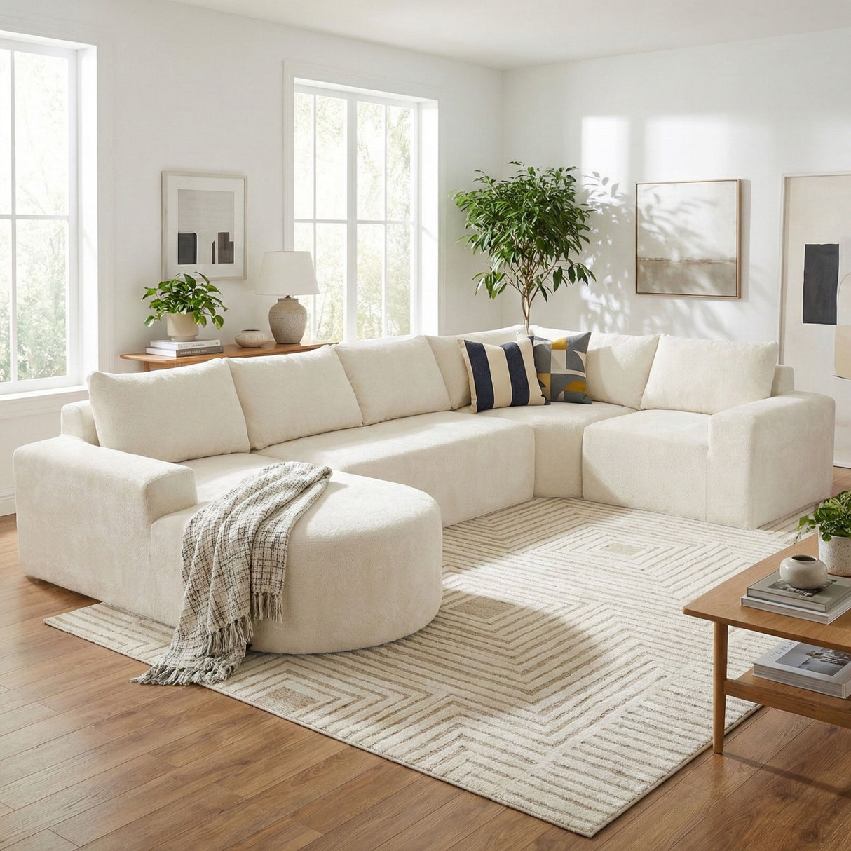 Modular Cloud Sectional Sofa Set, U-Shaped Upholstered Couch With Deep Seat - Beige
