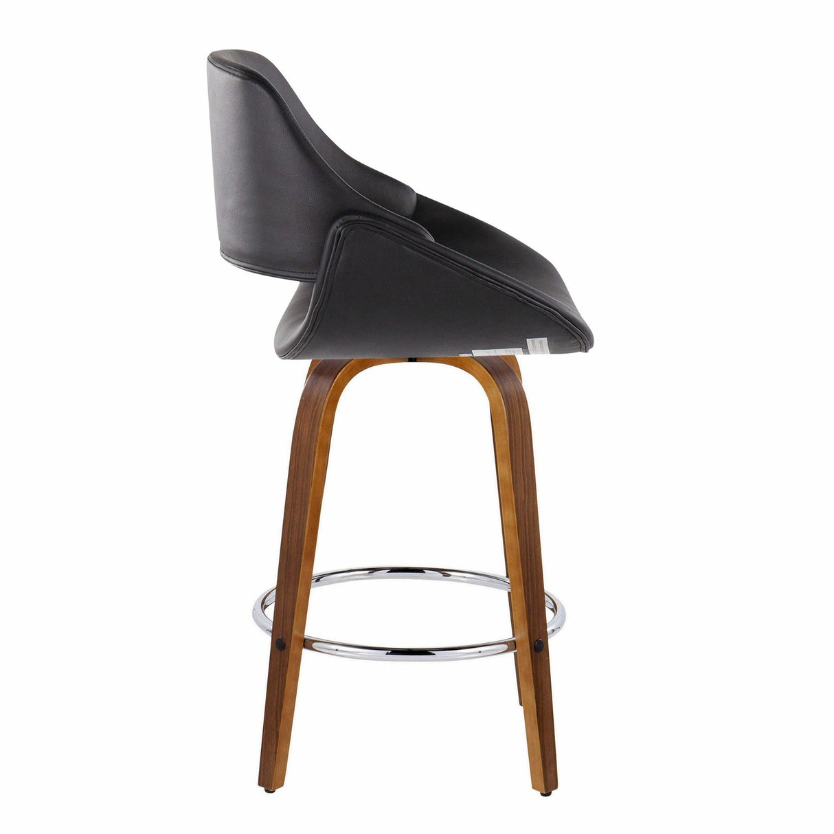 Fabrizzi - Fixed-Height Counter Stool With Round Chrome Footrest (Set of 2) - Walnut Wood And Black Faux Leather