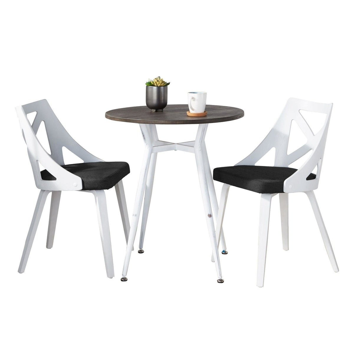Clara - Charlotte 3 Piece Round Dinette Set - Vintage White Metal With Rounded Espresso Wood-Pressed Grain Bamboo Tabletop And White Textured Wood With Charcoal Fabric