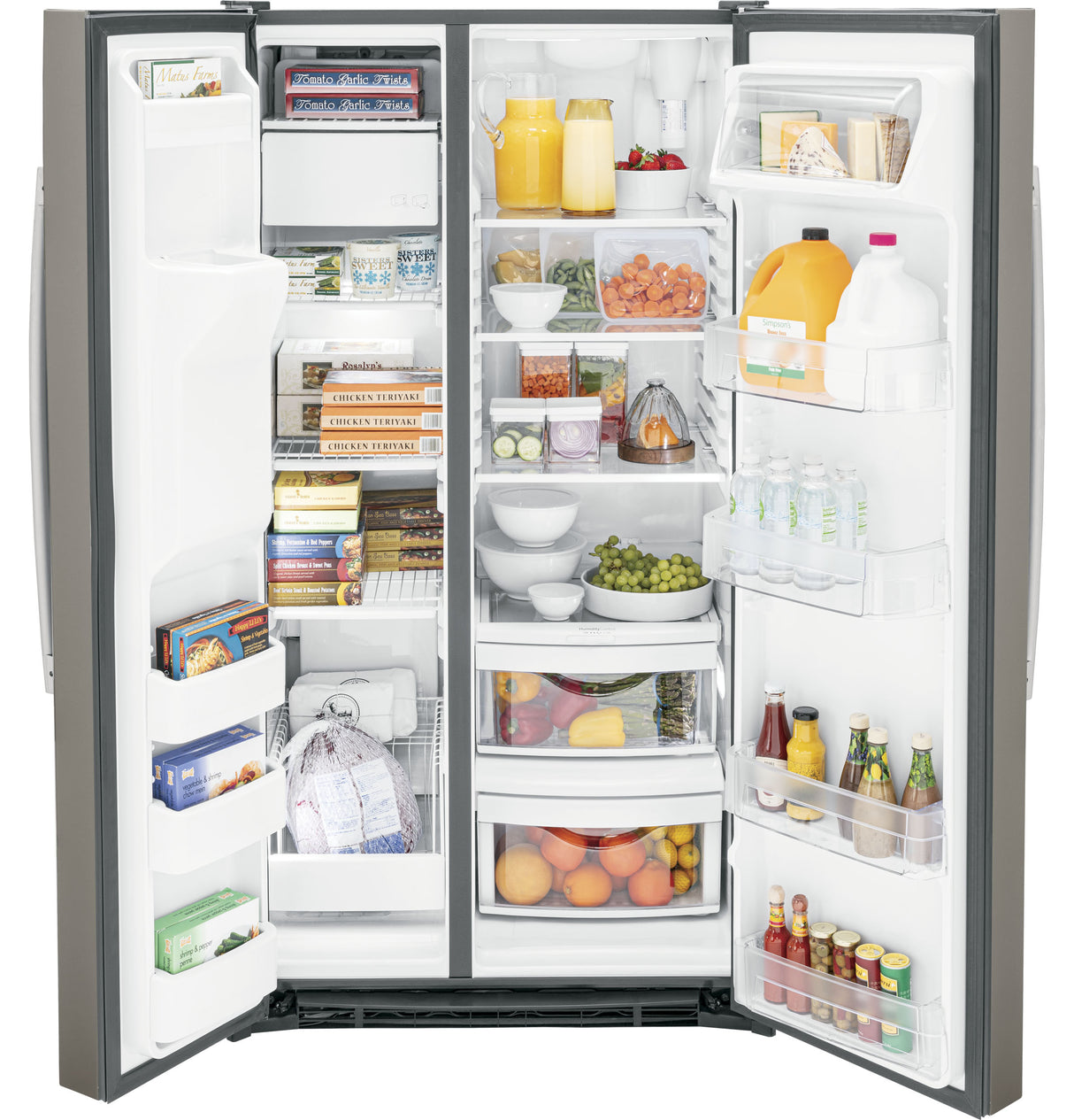 GE GSS25GMPES - 36 in. 25.3 cu. ft. Side by Side Refrigerator with Ice & Water Dispenser, Fingerprint Resistant - Slate