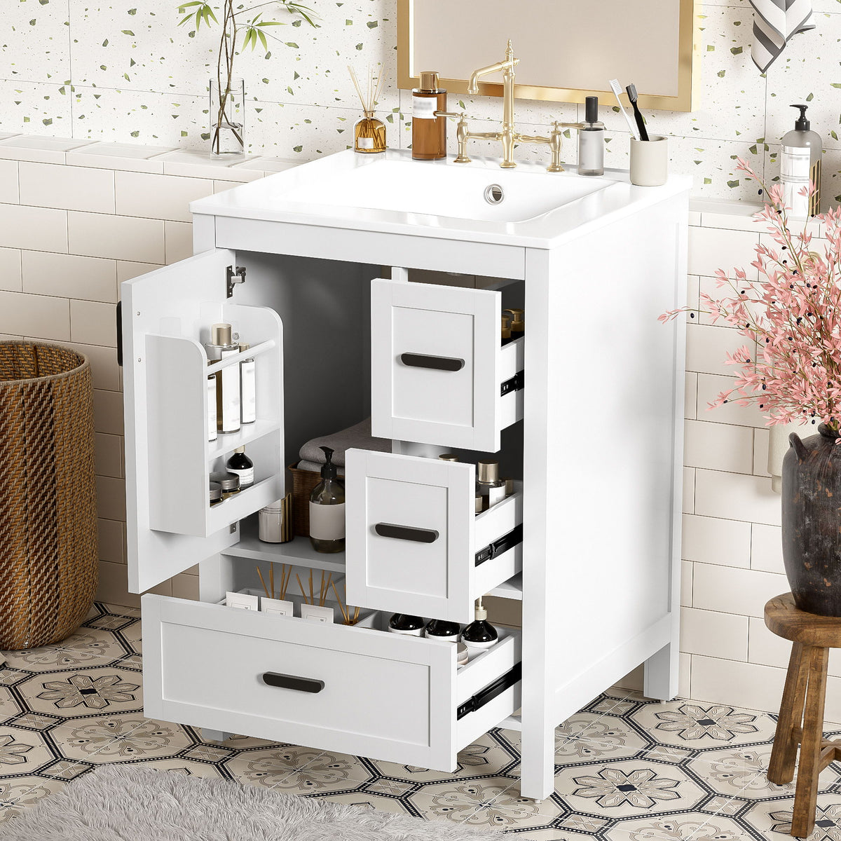 Bathroom Vanity With Sink, Soft-Close Doors, Double-Layer Shelf And 3 Drawers