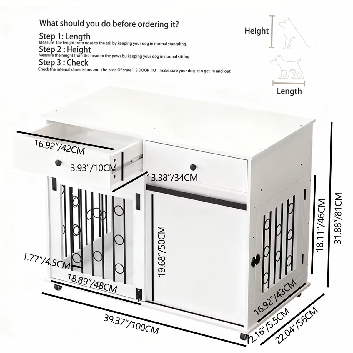 Dog Crate Furniture With Double Drawers And Sliding Barn Door, Pet Kennel For Small To Medium Dogs - White