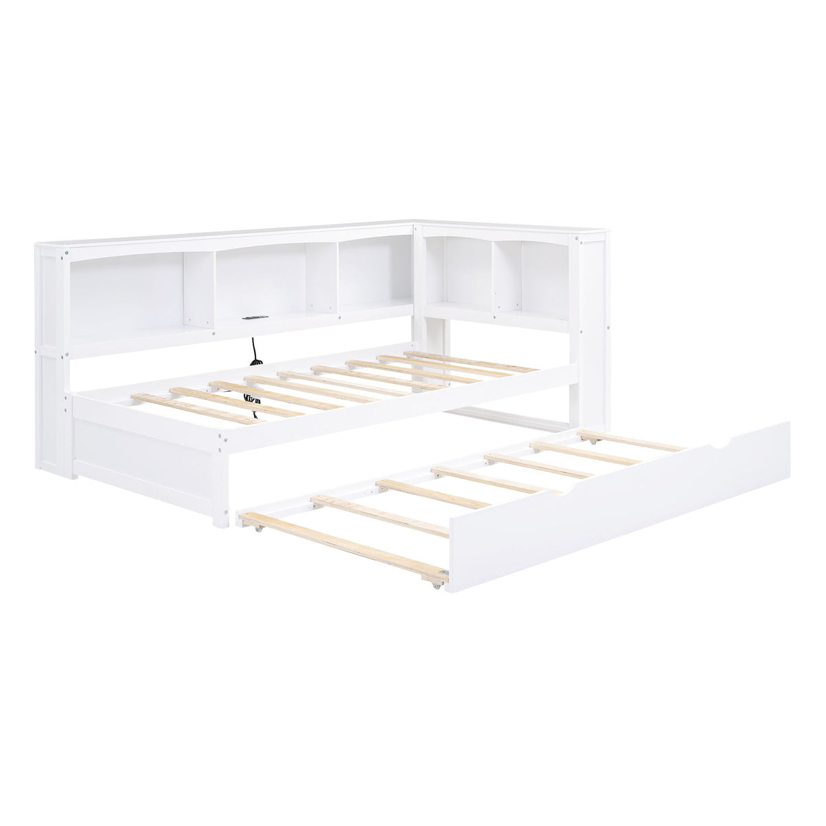 Twin Size Daybed With Trundle, Storage Cabinets, USB Ports - White