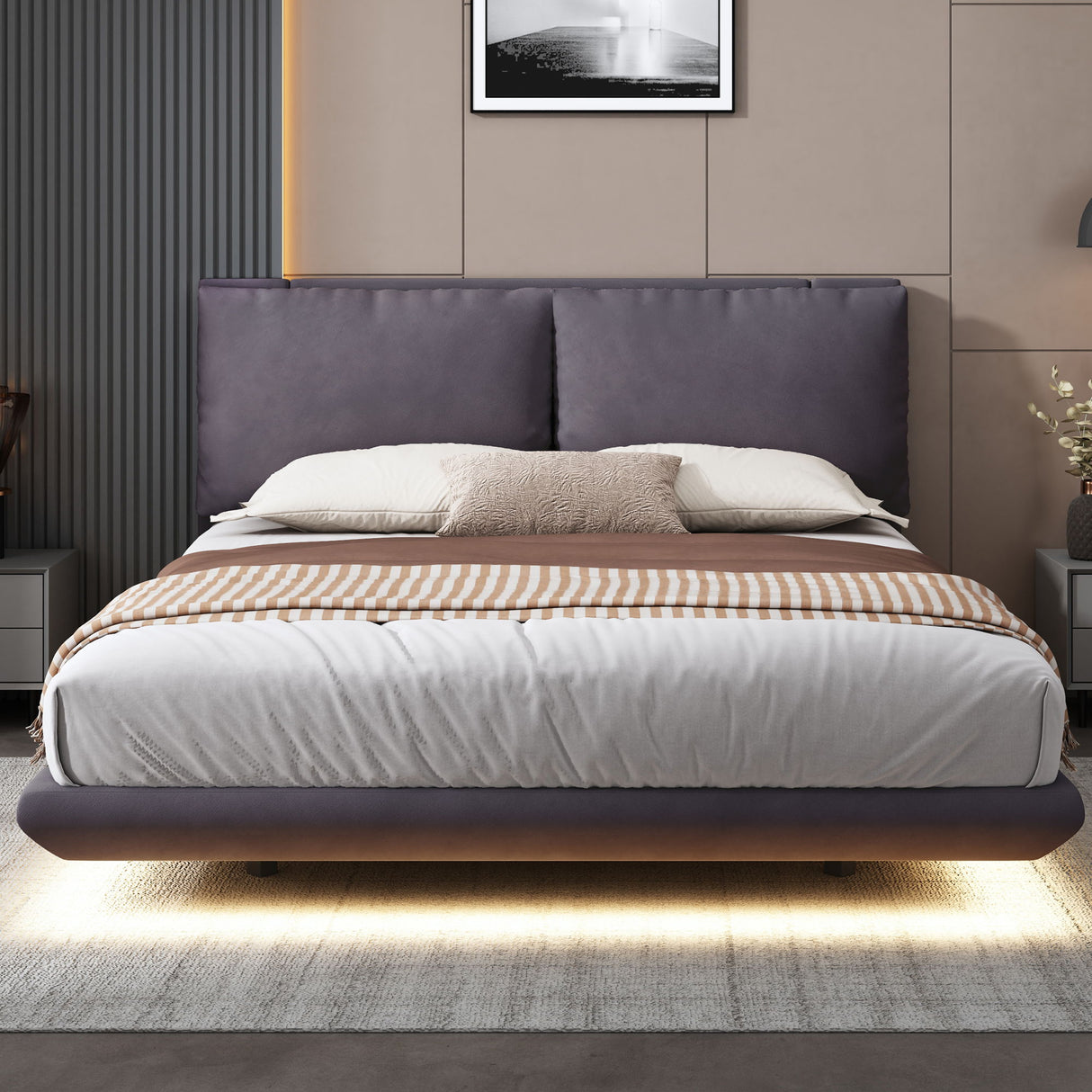 Upholstered Platform Bed With Sensor Light And 2 Large Backrests, With 2 Sets Of USB Port And Socket On Each Rear Bed Leg