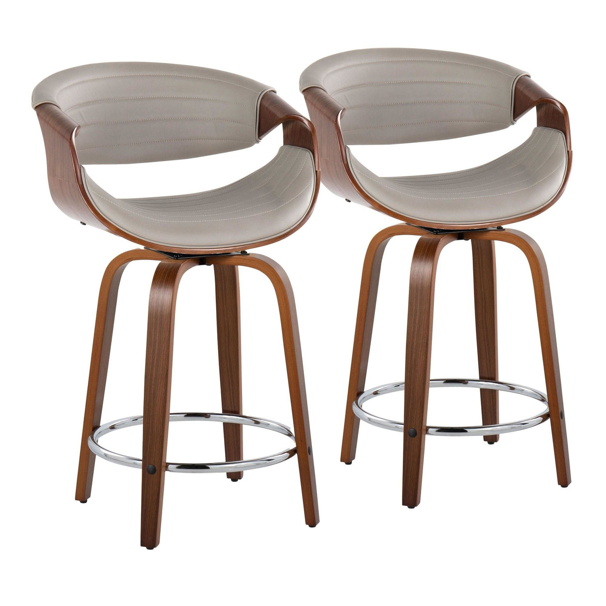 Curvo - 24" Fixed-Height Counter Stool With Swivel And Round Chrome Metal Footrest (Set of 2) - Walnut Wood