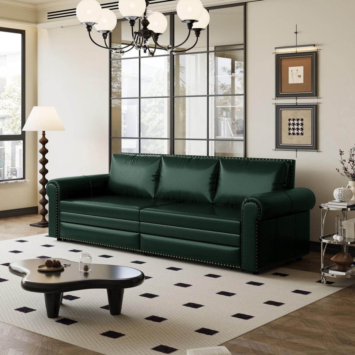 3 In 1 Convertible Sleeper Sofa With Nailhead Trim & Rolled Arm