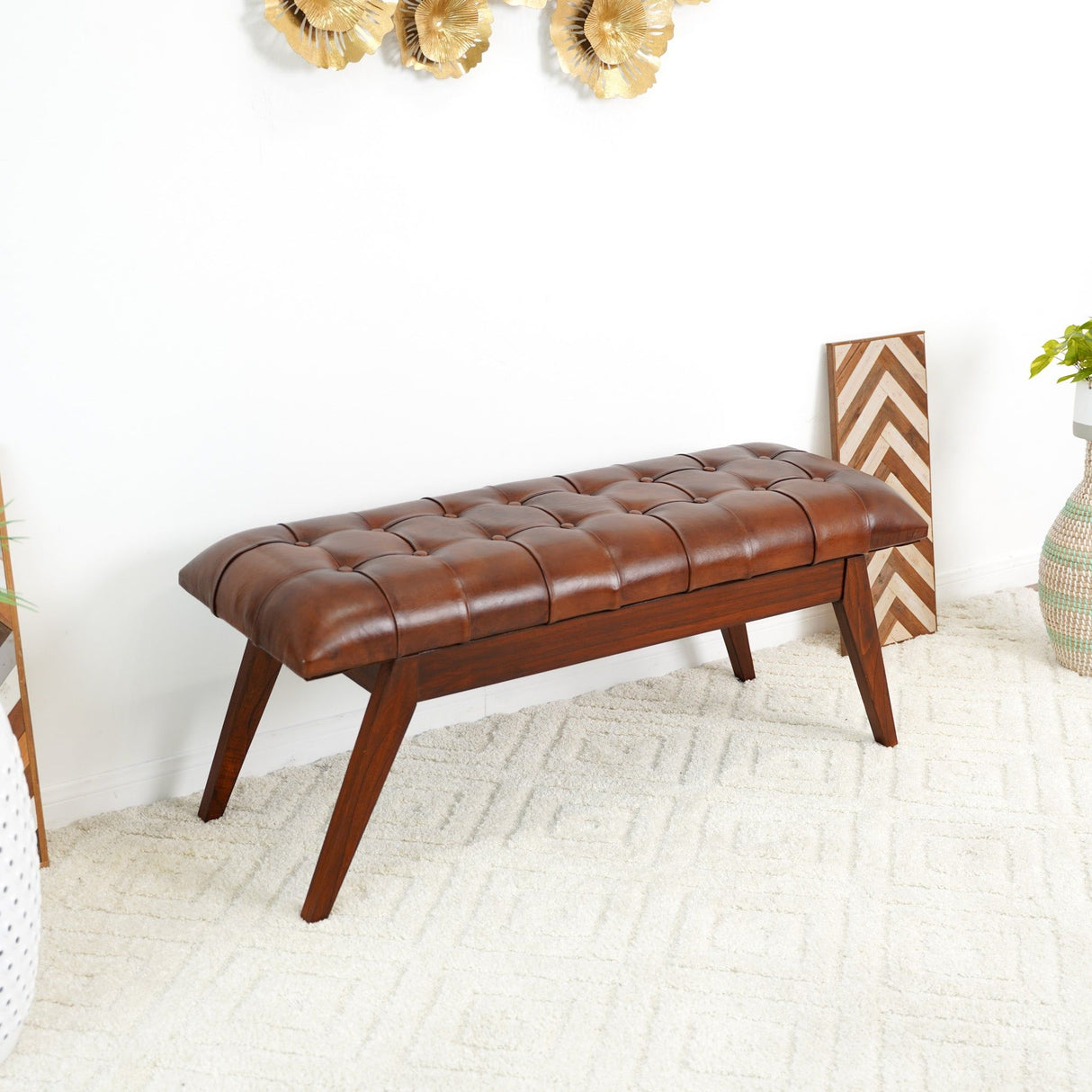 Maja - Mid-Century Modern Leather Bench - Cognac / Dark Brown