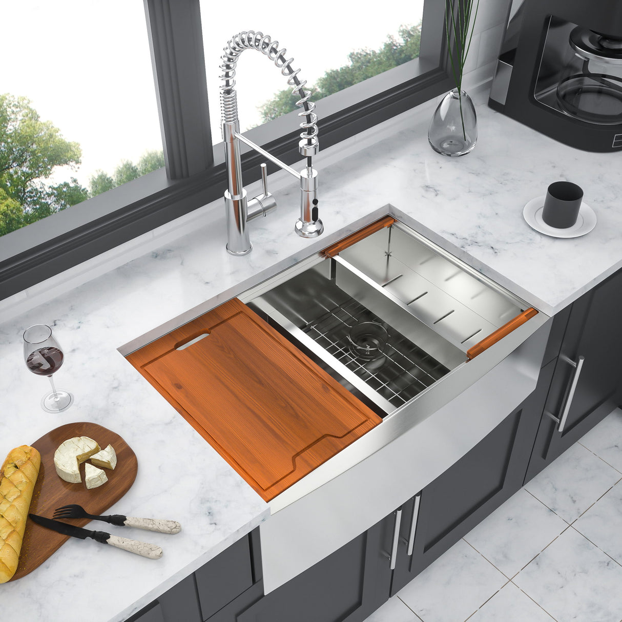 Farmhouse Double Bowl Workstation Kitchen Sink 33" Stainless Steel 16 Gauge Apron Front, Finish - White