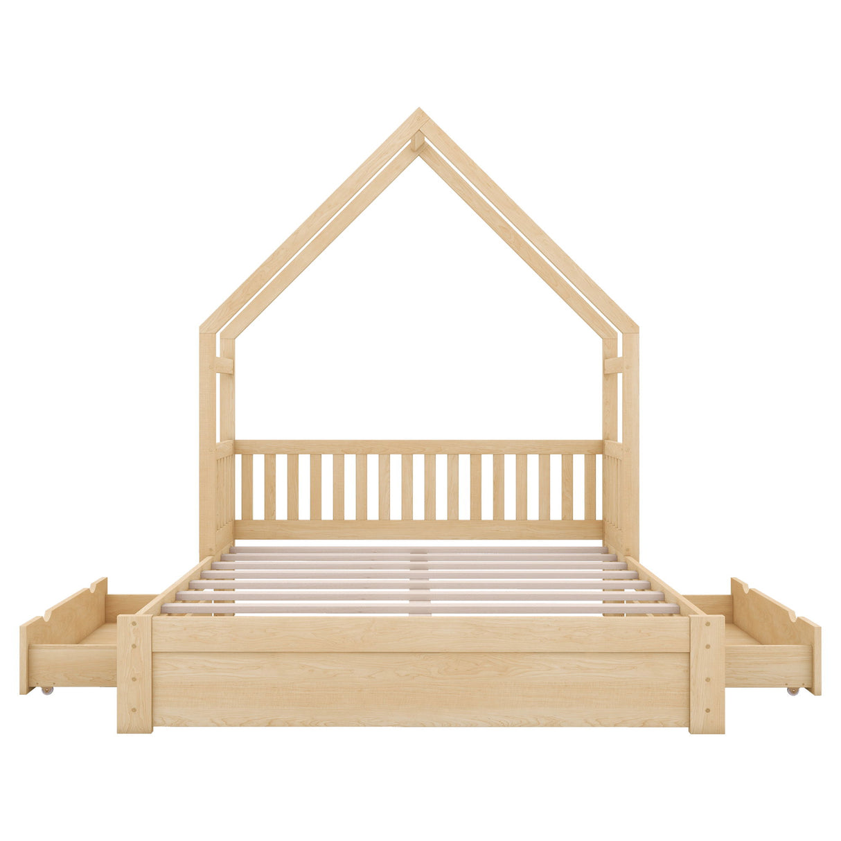 House Style Platform Bed With Guardrail And 2 Drawers
