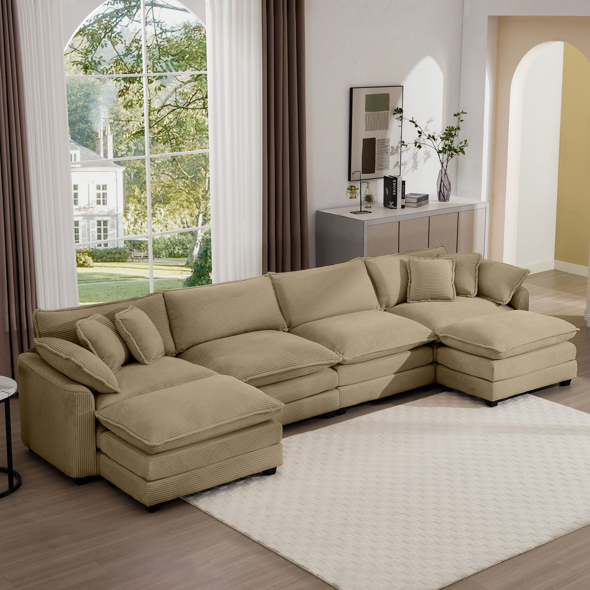 Modern Corduroy Upholstered 4 Seater Sofa With 3 Footstools - Tan