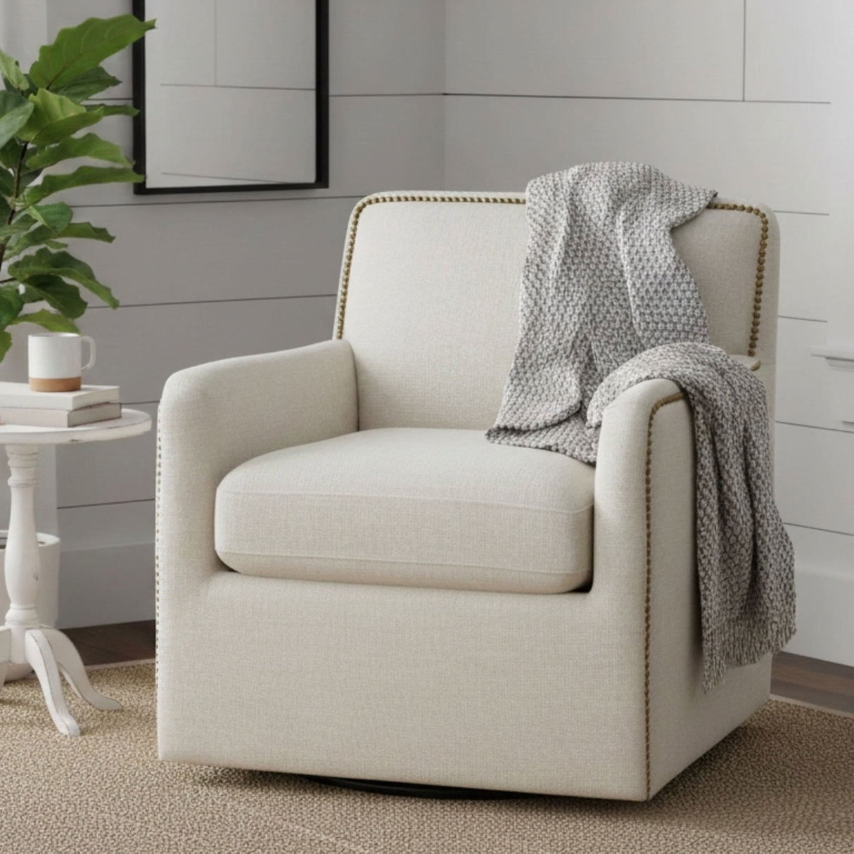 Tolland - Swivel Accent Chair With Antique Brass Nailhead Trim - Cream