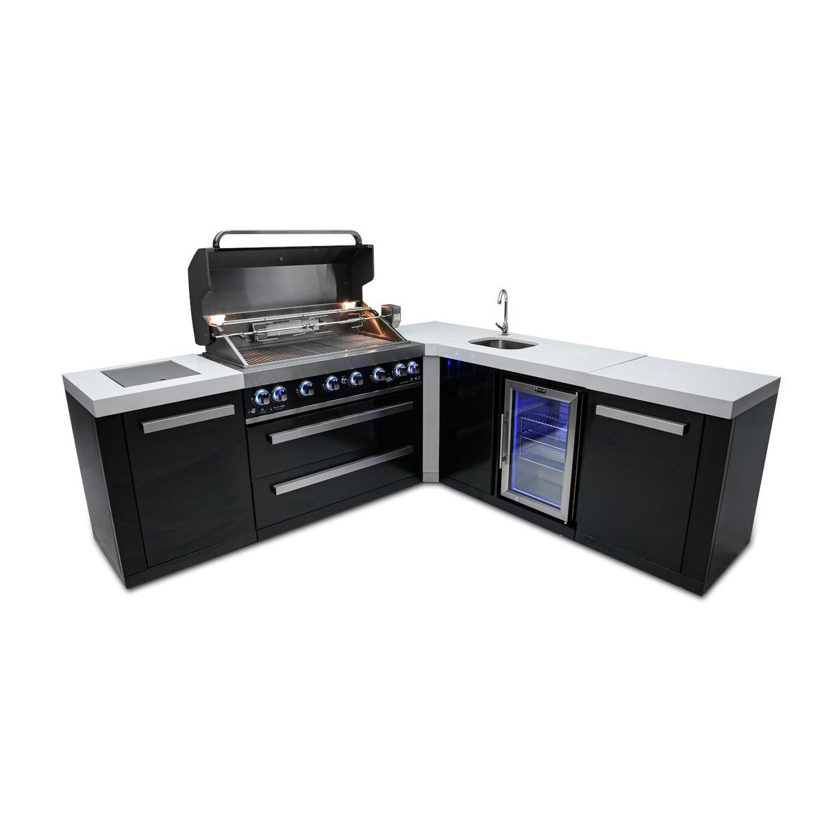 Mont Alpi Black Series 8 Ft L-Shaped Propane Outdoor Kitchen Island w/ Side Burner & Beverage Center - MAi805-BSS90BEV