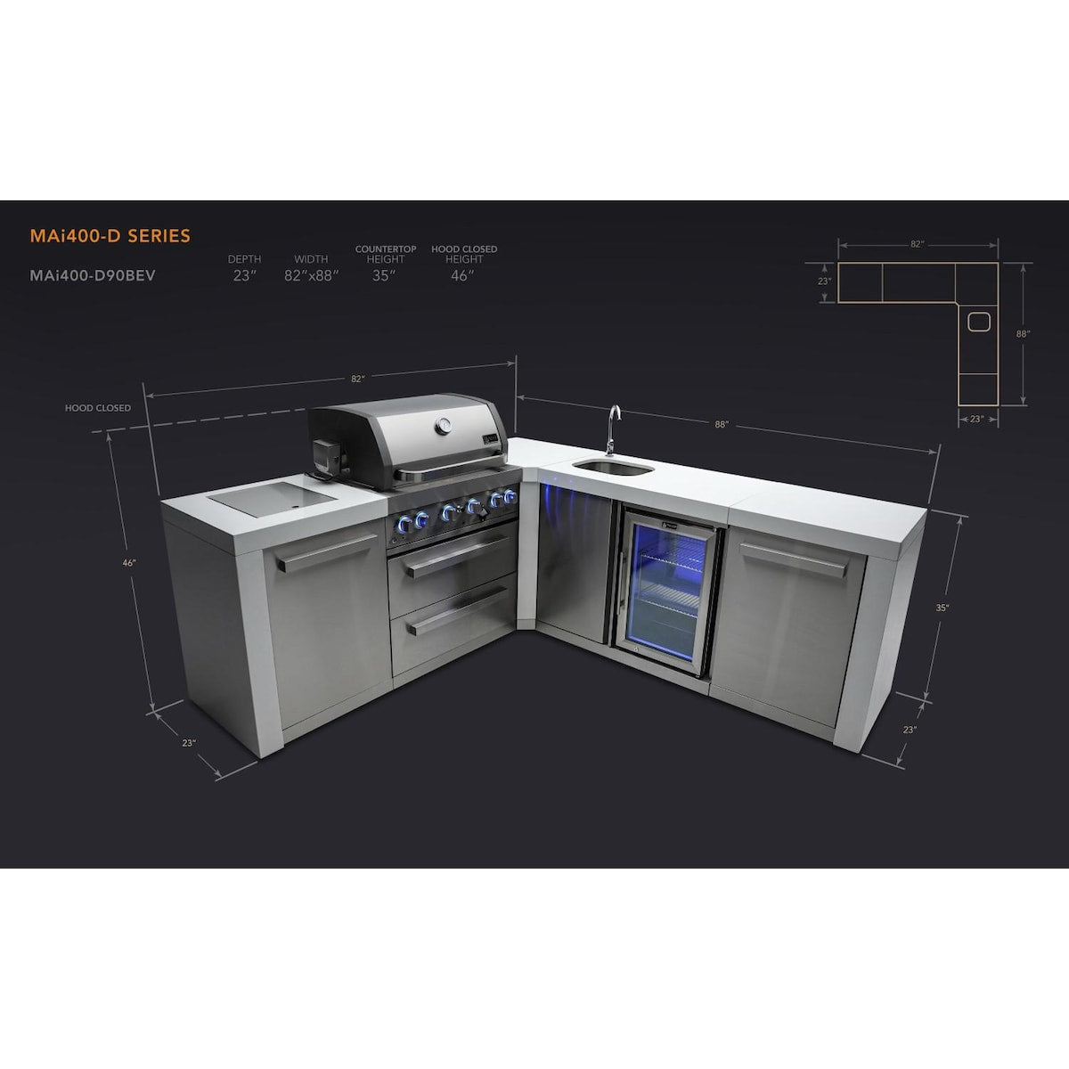 Mont Alpi Deluxe Series 10.5 Ft L-Shaped Propane Outdoor Kitchen Island w/ Side Burner & Beverage Center- MAi400-D90BEV