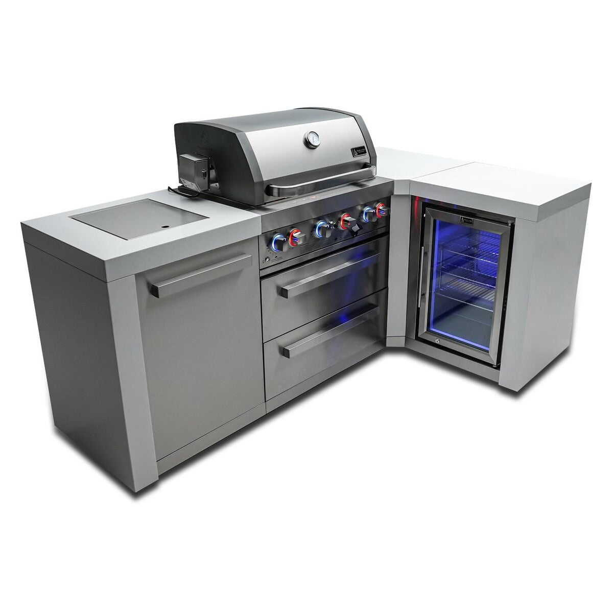 Mont Alpi Deluxe Series 7.5 Ft L-Shaped Propane Outdoor Kitchen Island w/ Side Burner & Fridge - MAi400-D90FC