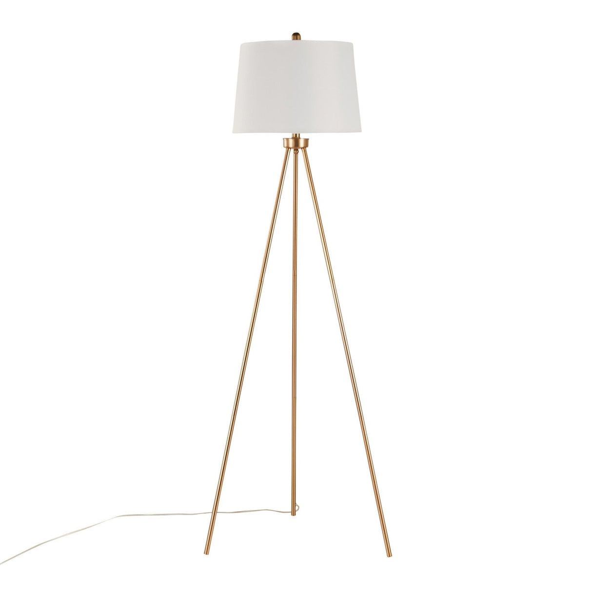 Tripod - Metal Floor Lamp - Gold Metal, White Linen