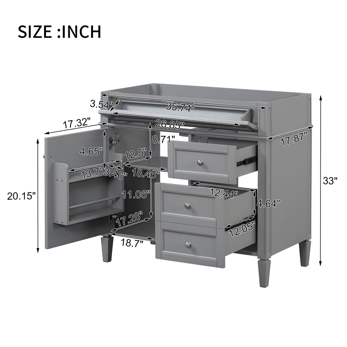 Bathroom Vanity With 2 Drawers And Tip-Out Drawer, Storage Cabinet