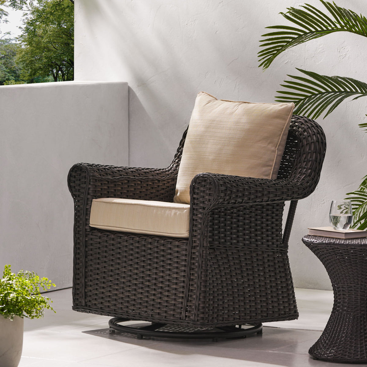 Amaya - Outdoor Swivel Rocker Chair With Water Resistant Cushions - Brown / Beige