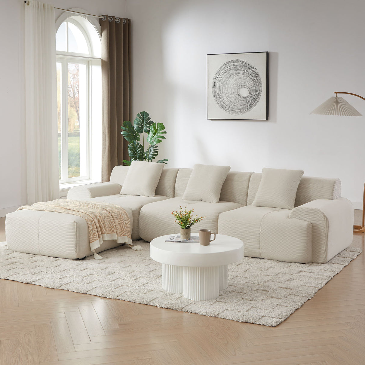 L Shaped Modular Sectional Sofa Corduroy And Movable Ottoman