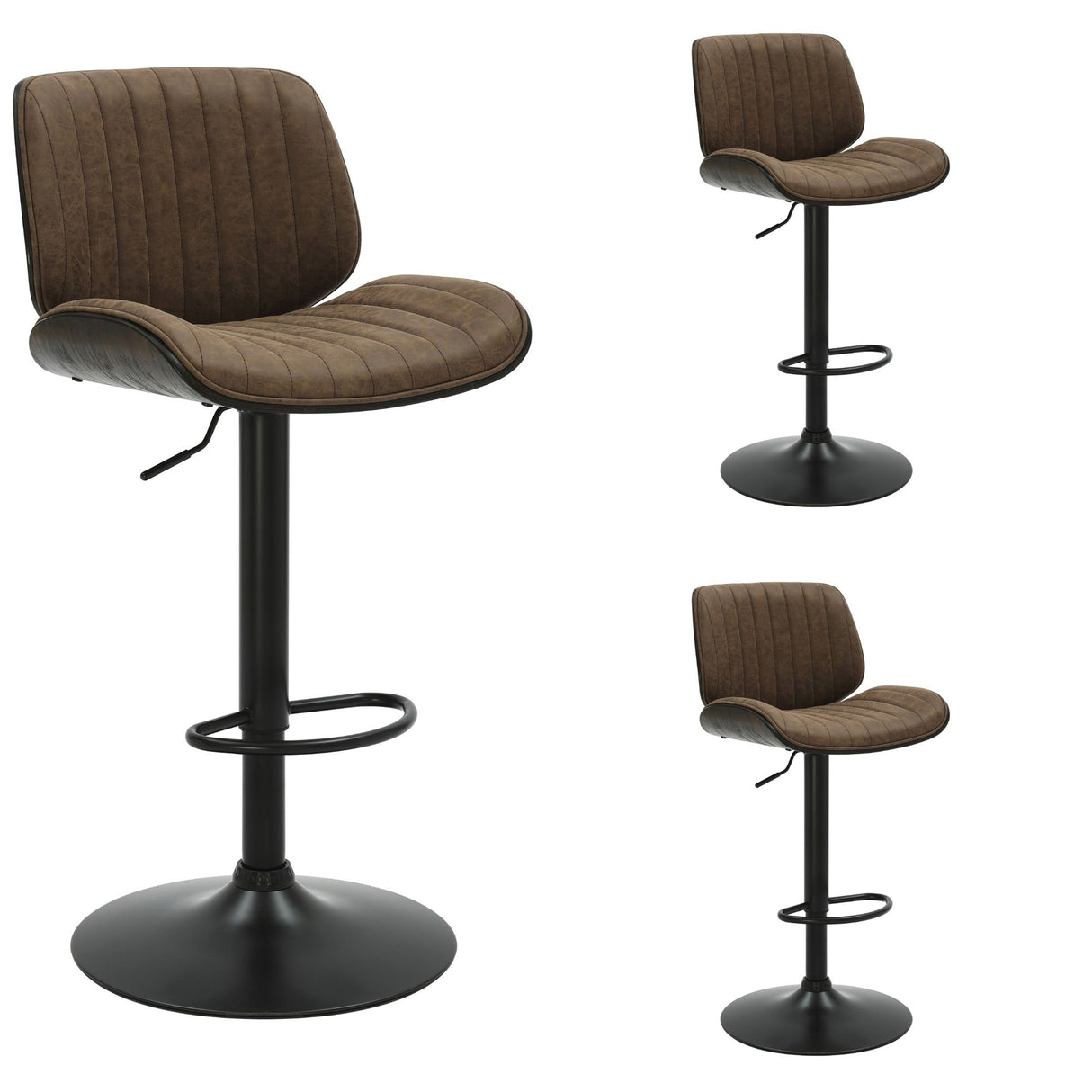 Brock - Adjustable Swivel Curved Back Wood Bar Stool With Faux Leather Seat - Black Base