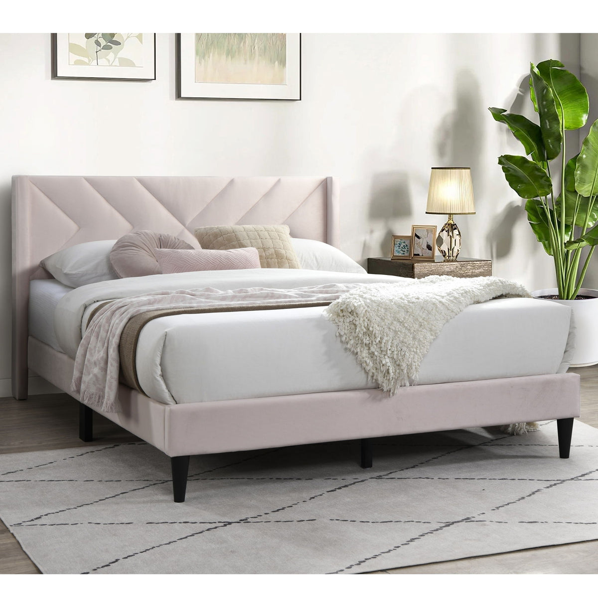 Full Size Bed With Upholstered Headboard - Light Pink