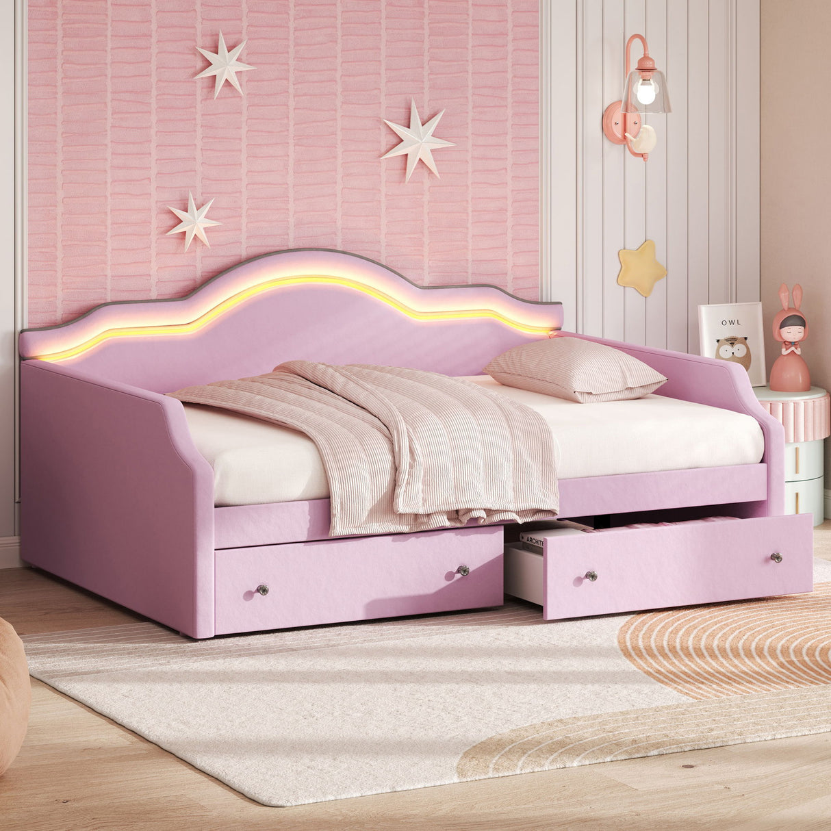 Upholstered Daybed With LED Lights And 2 Drawersme
