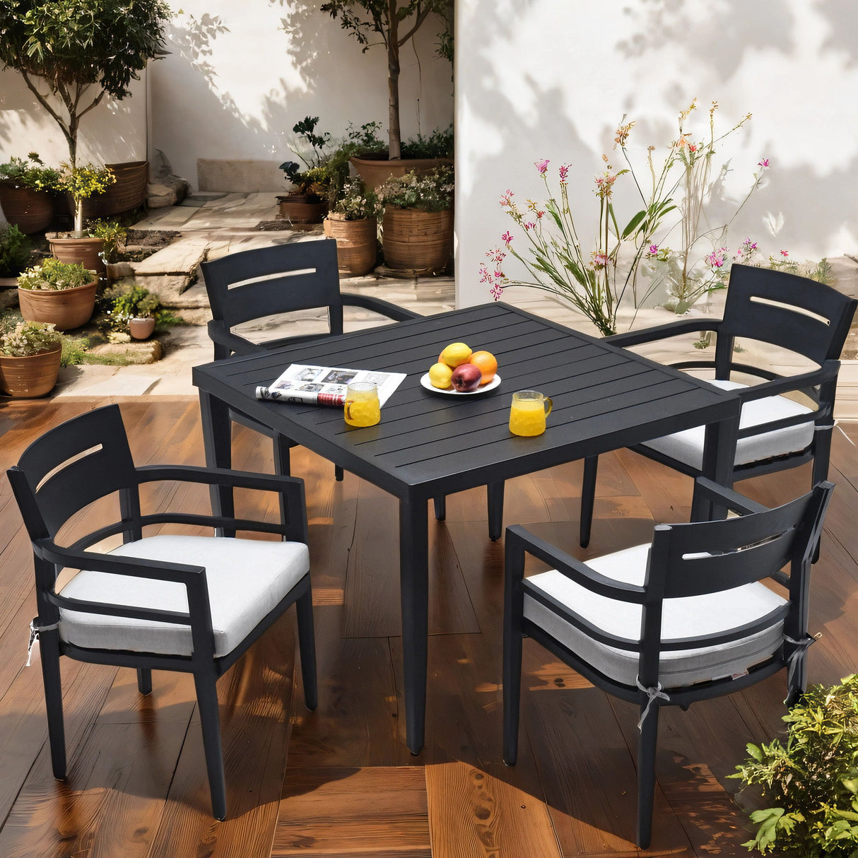 Outdoor Modern Dining Set, Chairs Sunbrella Cushioned And Dining Table With Umbrella Hole