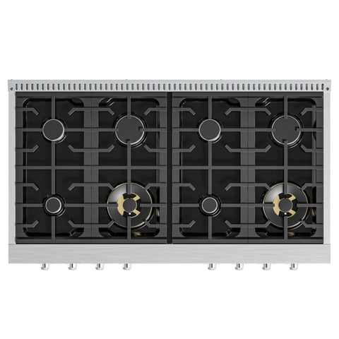 48 in Gas Range-Top with 8 Sealed Italian Burners and Stainless-Steel Stovetop Knobs.