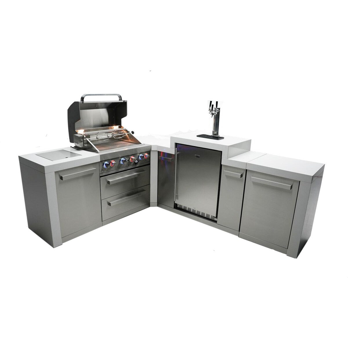 Mont Alpi Deluxe Series 7 Ft L-Shaped Propane Outdoor Kitchen Island w/ Side Burner & Kegerator - MAi400-D90KEG