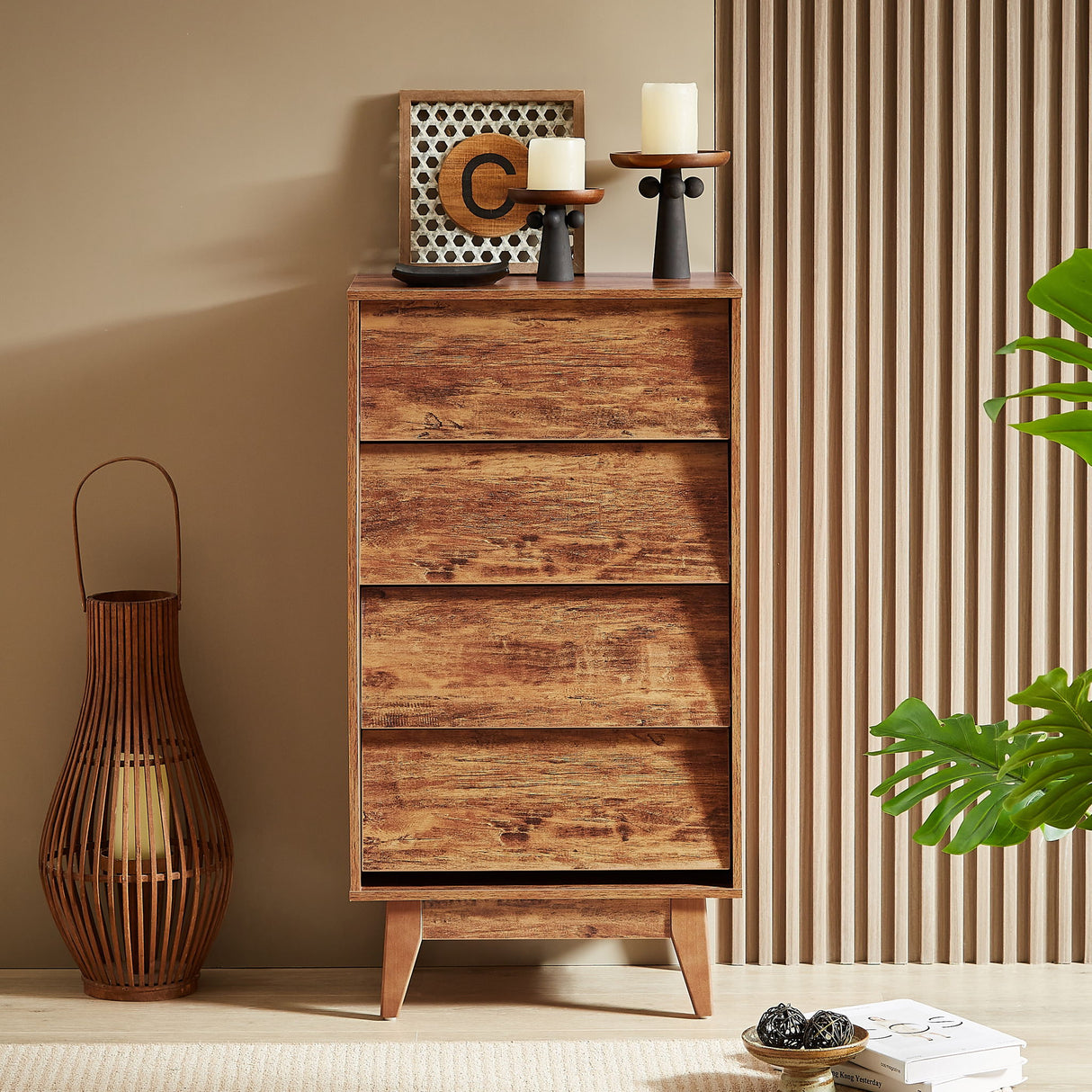 Vintage Style 4 Drawer Double Dresser With Bevel Design - Brown