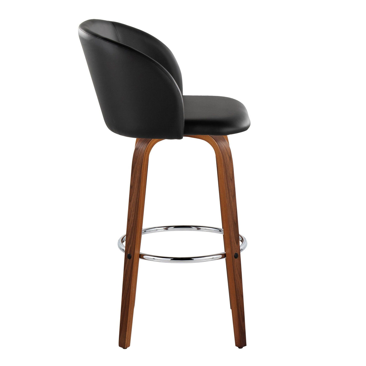 Fran - Fixed-Height Barstool (Set of 2) - Walnut Wood, Black Faux Leather, Chrome Metal