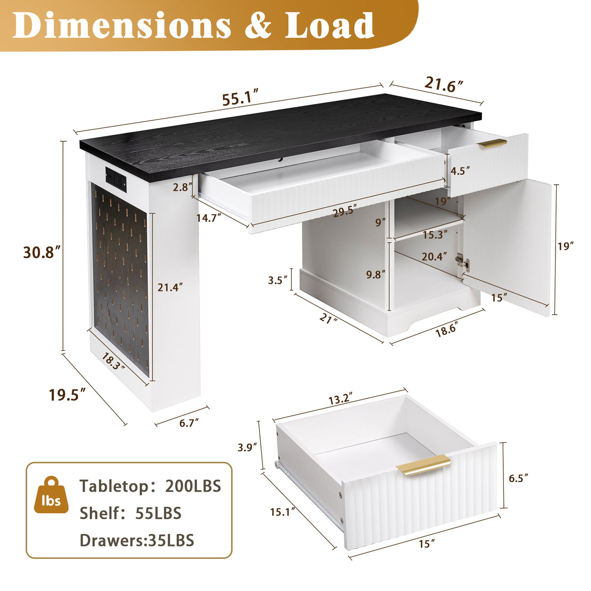 Fluted Office Desk With Storage Cabinet, Drawers, Power Outlet, Pegboard & Keyboard Tray - White