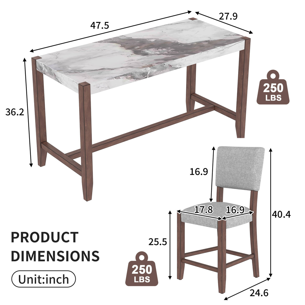 5 Piece Counter Height Dining Set With 4 Upholstered Chairs
