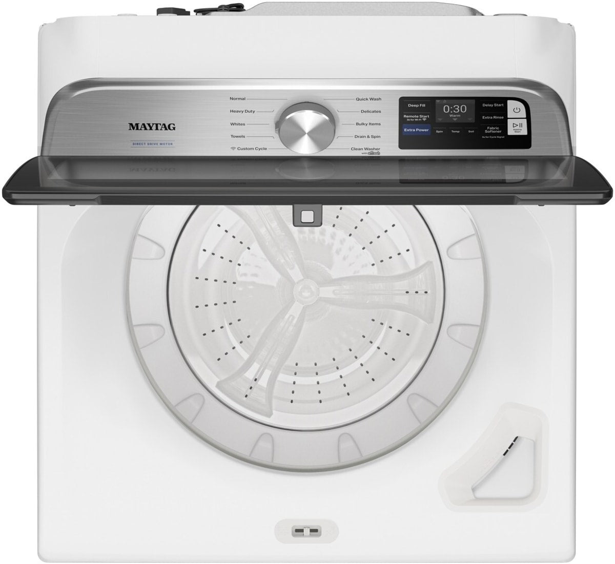 Maytag MTW6200RW top load washer with lid open showing Power impeller