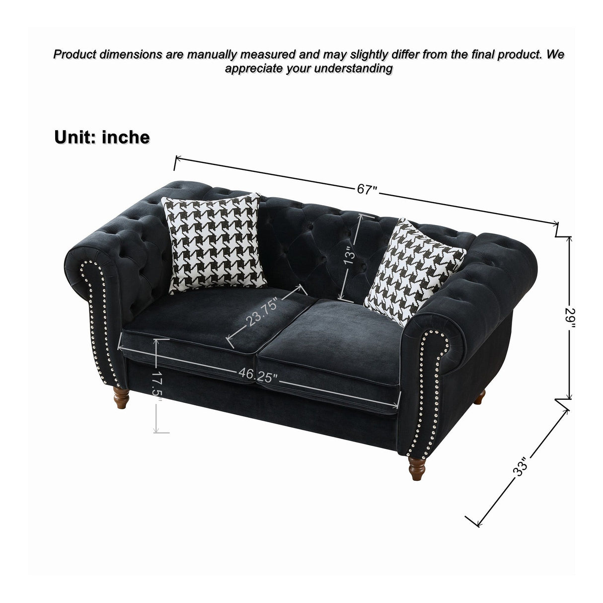 Chesterfield Upholstery Fabric Loveseat With Roll Armrest And Nailhead