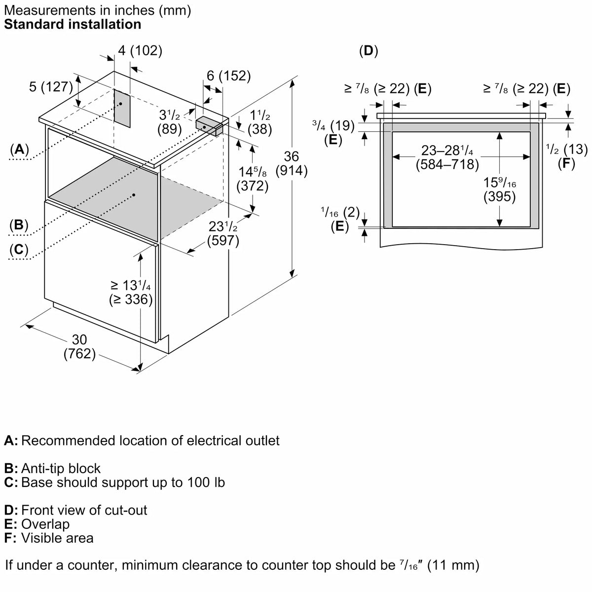 Bosch HMD8054UC drawer microwave installation cutout diagram
