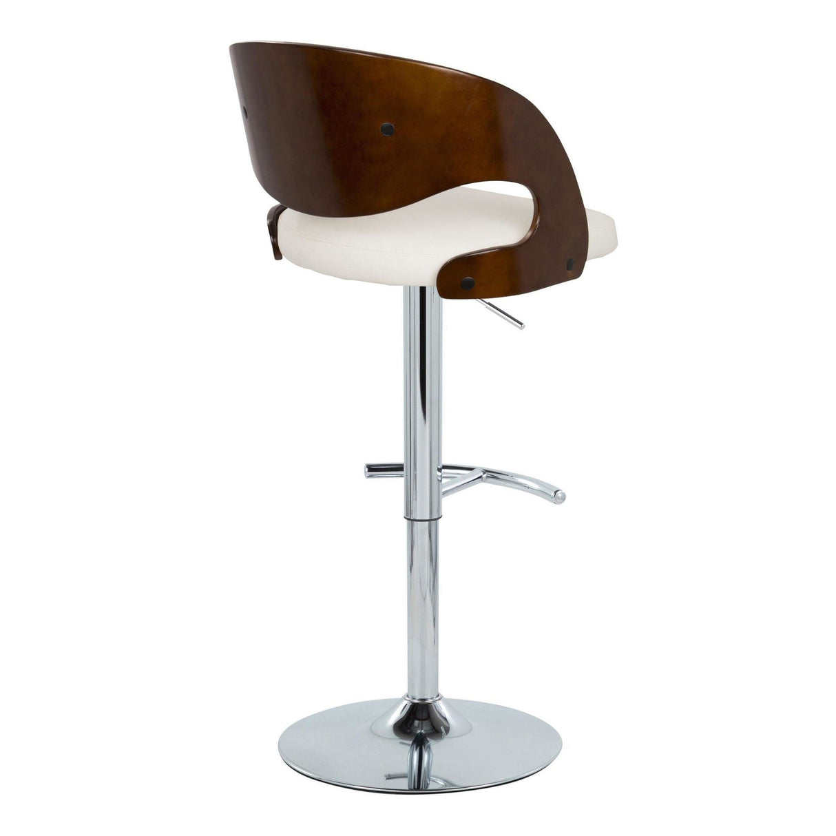 Pino - Mid-Century Modern Adjustable Swivel Barstool (Set of 2) - Chrome Metal, Cherry Wood And White Faux Leather With Rounded T Footrest