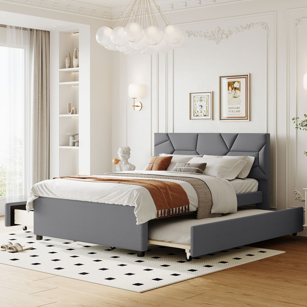 Upholstered Platform Bed With Brick Pattern Headboard And Twin Long Size Trundle