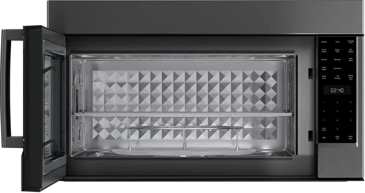 Bosch HMV8045U over-the-range microwave door open showing stainless steel cavity