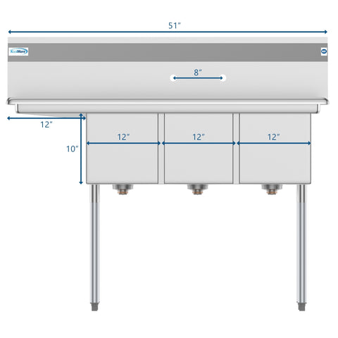 51 in. Three Compartment Stainless Steel Commercial Sink with Drainboard, Bowl Size 12"x 16"x 10" SC121610-12L3.